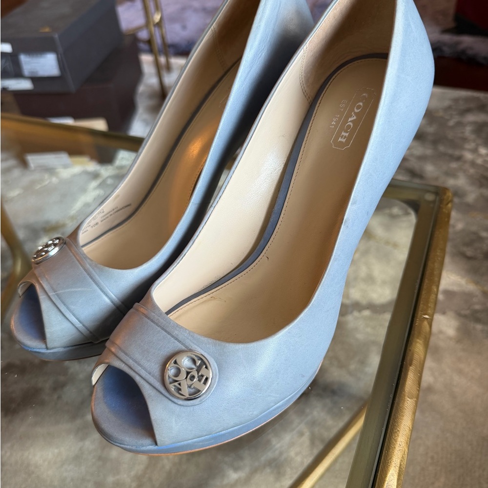 Rare Vintage Coach Ana China Blue Leather Peep Toe Platform Heels Pumps 10M